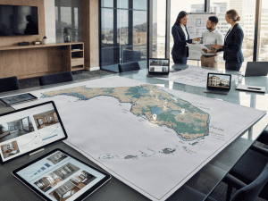 Real estate team analyzing a Florida property map and devices.