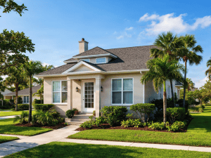 Bank-owned property exterior with lush landscaping and palm trees in Orlando.