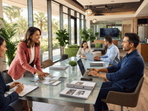 Real estate team meeting in bright office, discussing properties.