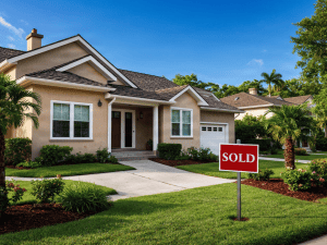 Sold home in a suburban Orlando neighborhood with a Sold sign on the lawn.
