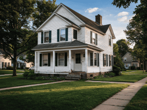 White two-story house with green shutters in a suburban neighborhood.