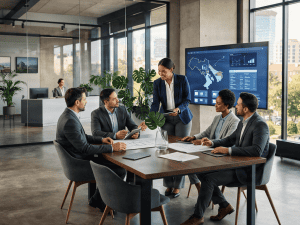 Business team presenting in modern office with charts on screen.