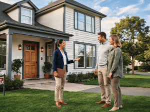 Real estate agent discussing property with couple in front of a modern house.