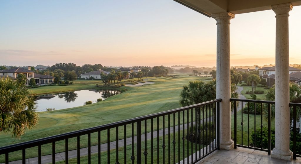 Best views in Reunion Florida from a residential balcony overlooking golf and landscaped surroundings