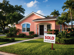 Sold sign in front of pink house with palm trees.