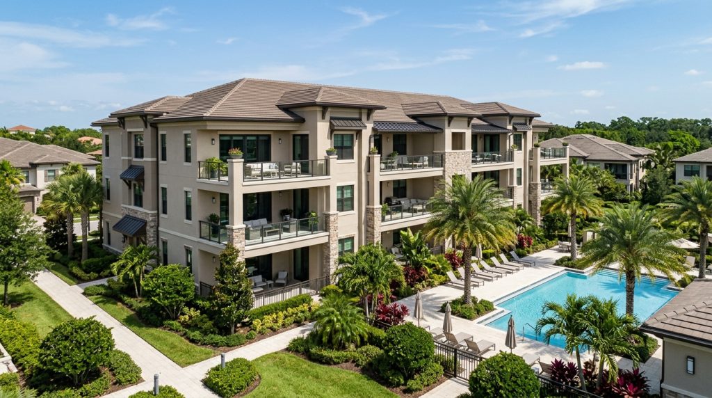 Upscale condos for sale in Reunion, Florida with balconies, tropical landscaping and a shared pool