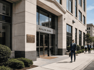 Professional man in suit walking past Avalon Bank building exterior.