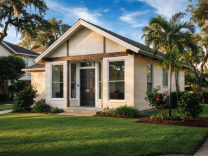 Easy Realty Florida REO listing home with manicured lawn and palm trees.