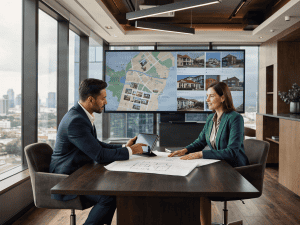 Two professionals discuss real estate assets in a modern office with a large screen map.