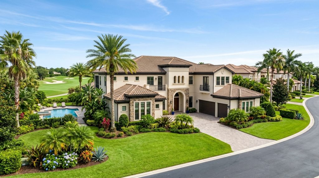 Upscale home for sale in Reunion, Florida with tropical landscaping
