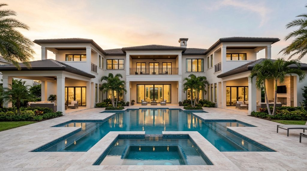 Luxury vacation home in Reunion, Florida with resort-style private pool and multiple balconies