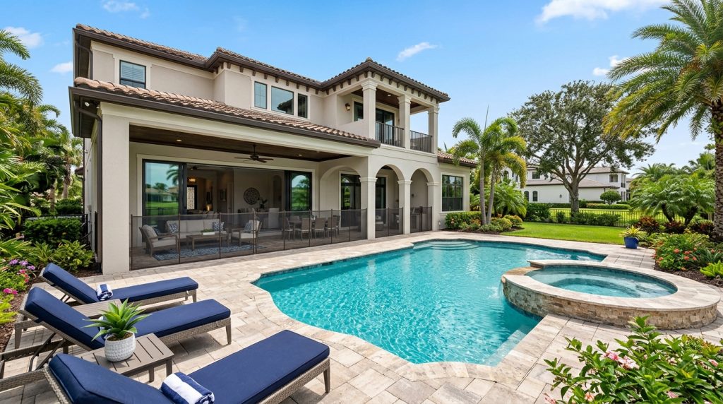 Private pool home in Reunion, Florida with spa and covered outdoor living area