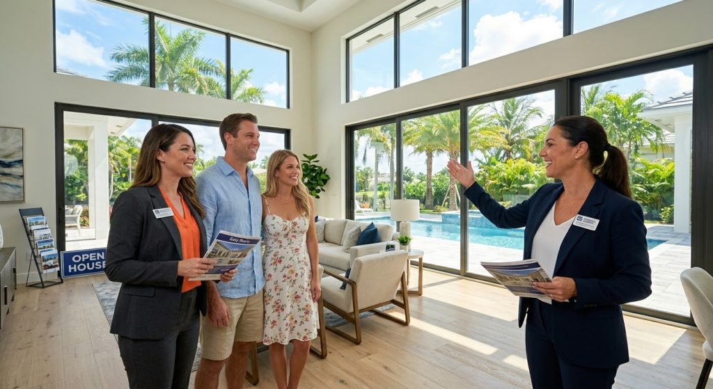 Buyers standing in an open house in Reunion, Florida with their Easy Realty agent talking to the listing agent
